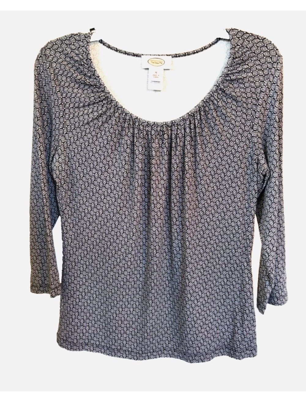 Talbots Black White Geometric Knit Top Medium 3/4 Sleeve Stretch Scoop Neck